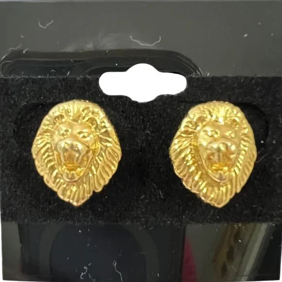 VTG Signed KJL Kenneth Jay Lane Gold Plated LION HEAD Stud Earrings Pierced - Picture 7 of 7